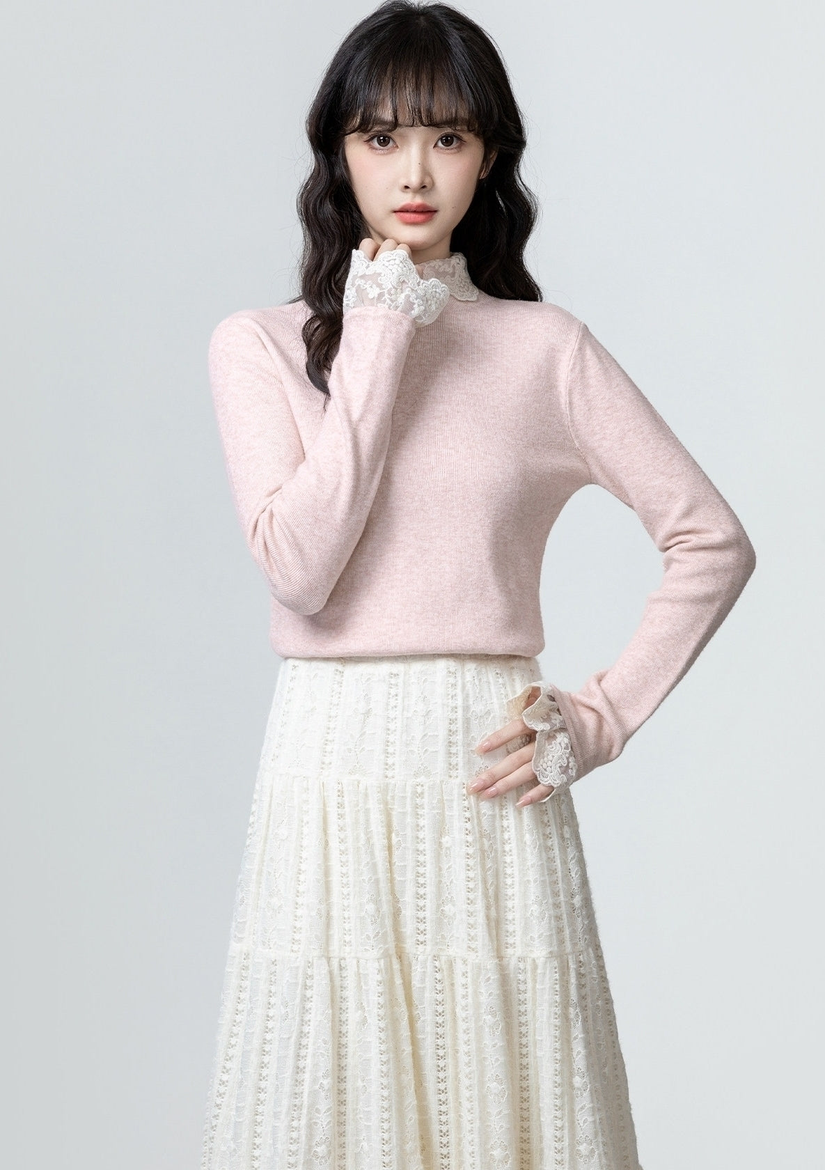 Pink Lace Trim Knit Turtleneck Sweater Top