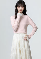 Pink Lace Trim Knit Turtleneck Sweater Top