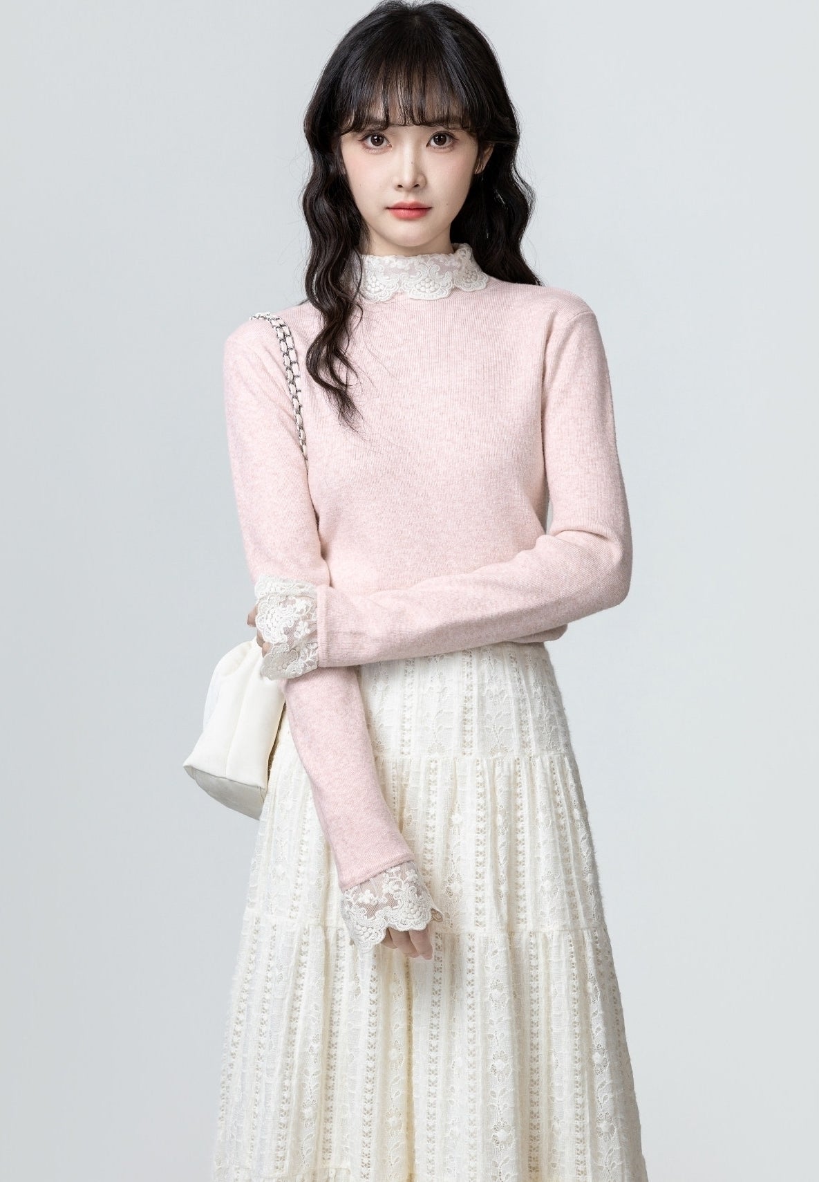 Pink Lace Trim Knit Turtleneck Sweater Top