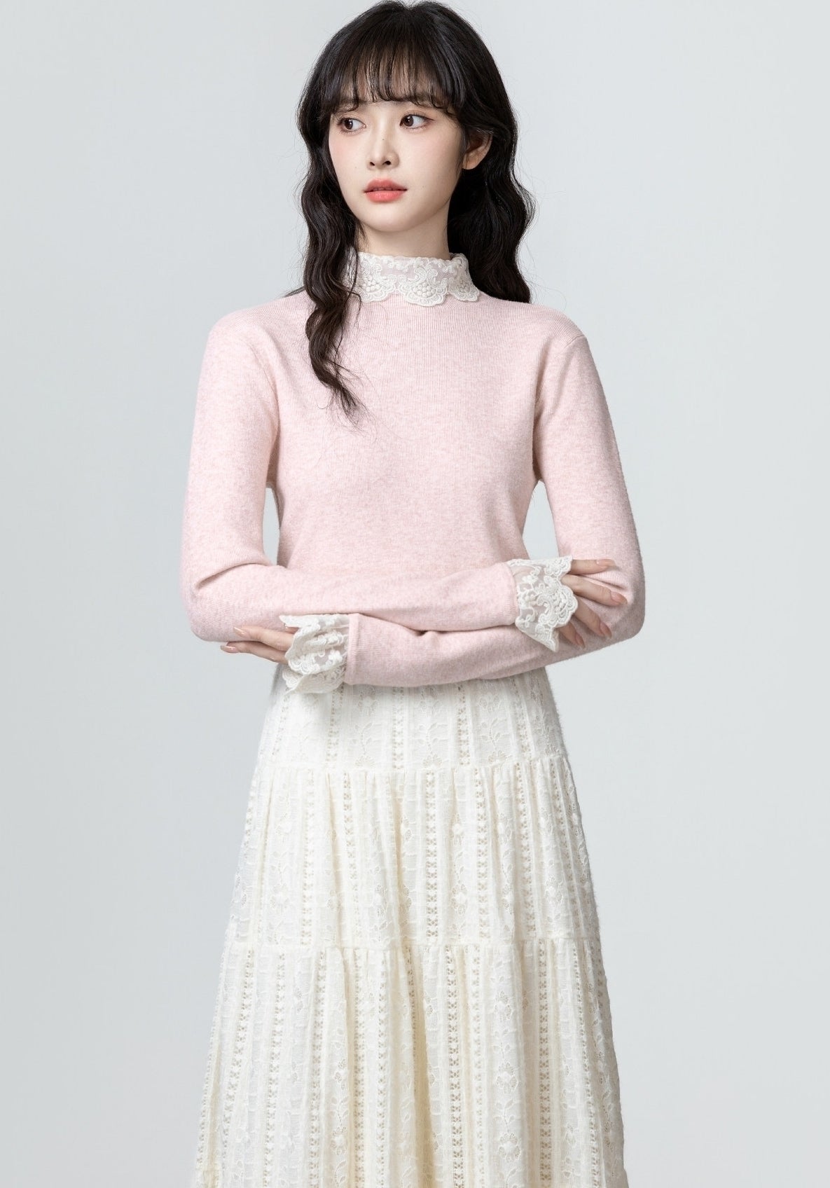 Pink Lace Trim Knit Turtleneck Sweater Top