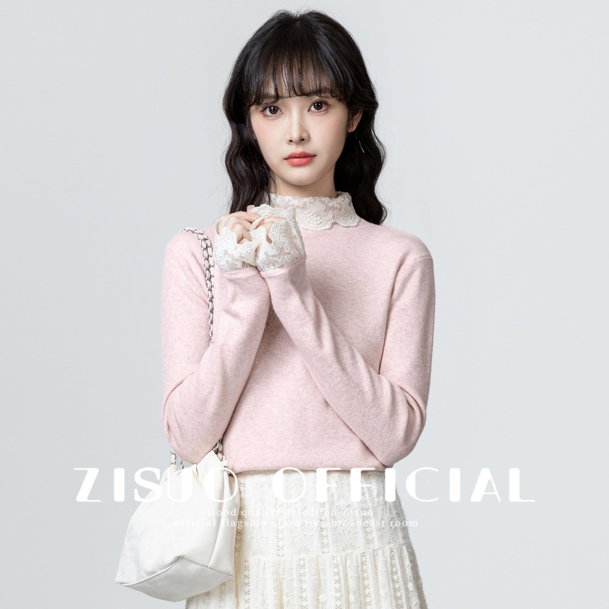 Pink Lace Trim Knit Turtleneck Sweater Top