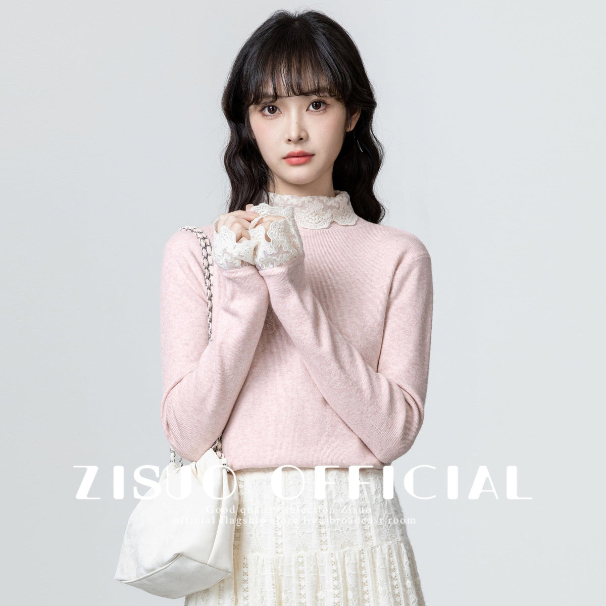 Pink Lace Trim Knit Turtleneck Sweater Top