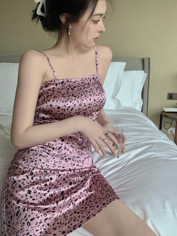 Pink Leopard Pattern Sling Mini Dress