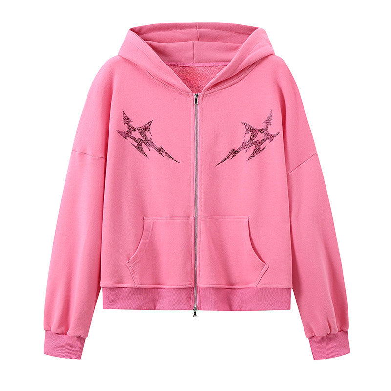 Pink Oversized Lightning Graphic Zip-Up Hoodie