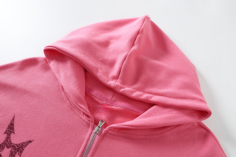 Pink Oversized Lightning Graphic Zip-Up Hoodie