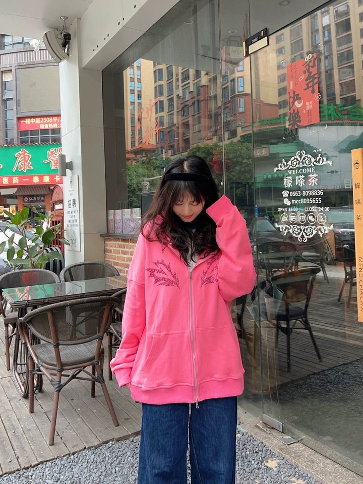 Pink Oversized Lightning Graphic Zip-Up Hoodie