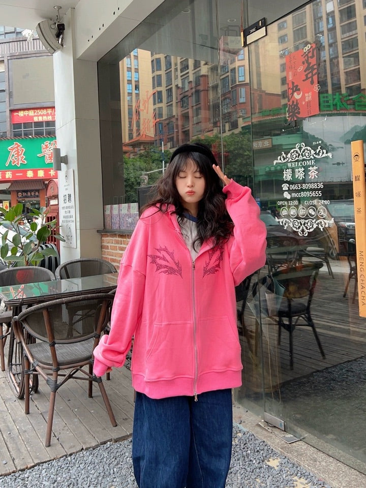 Pink Oversized Lightning Graphic Zip-Up Hoodie