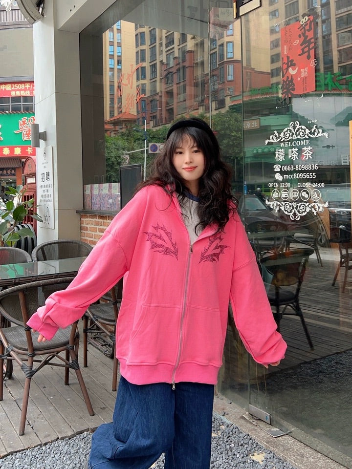 Pink Oversized Lightning Graphic Zip-Up Hoodie