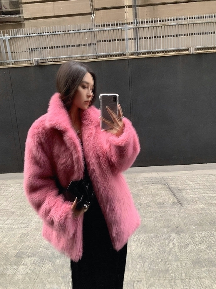 Pink Plush Winter Faux Fur Coat
