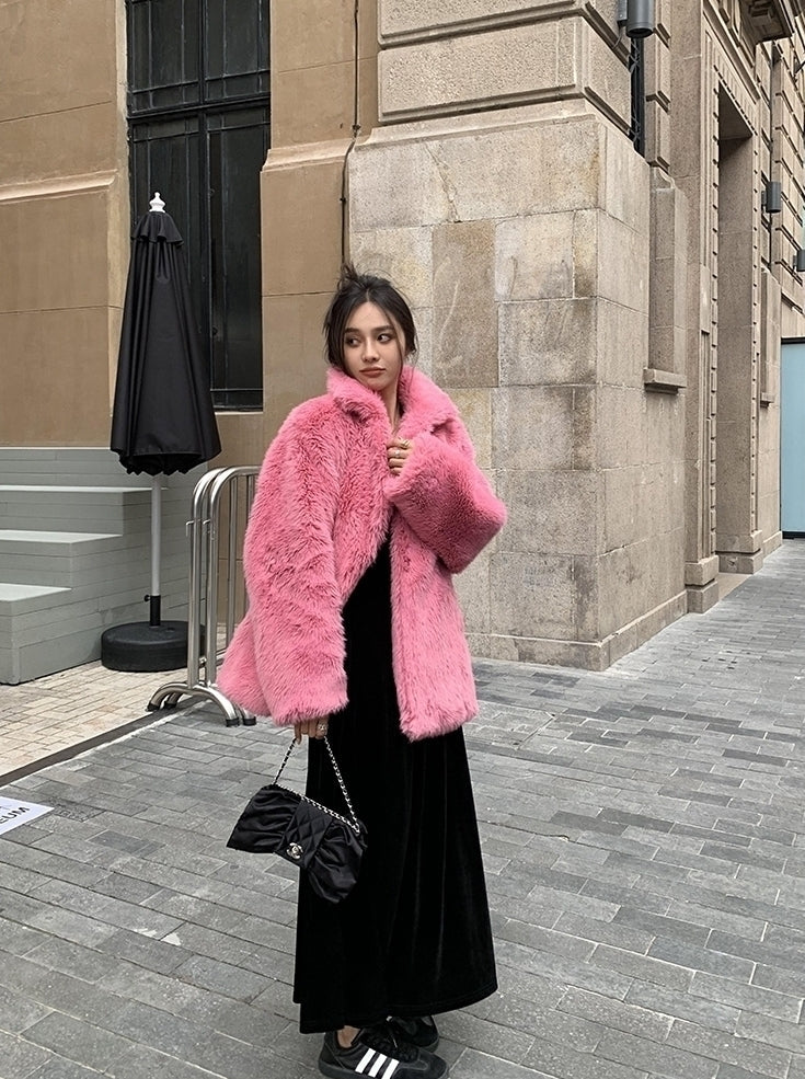 Pink Plush Winter Faux Fur Coat