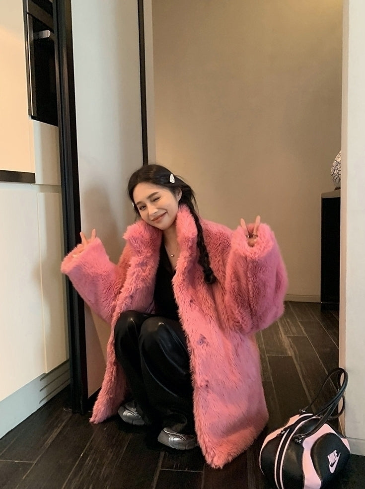 Pink Plush Winter Faux Fur Coat
