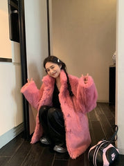 Pink Plush Winter Faux Fur Coat