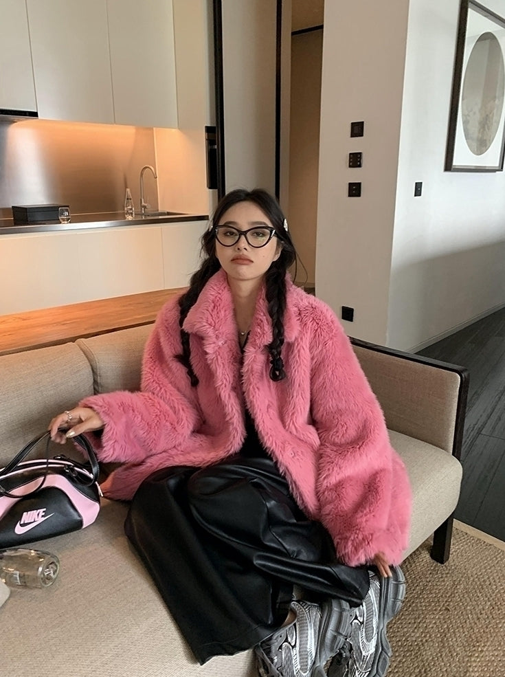 Pink Plush Winter Faux Fur Coat