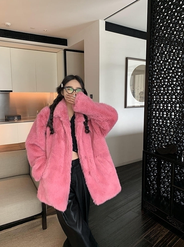 Pink Plush Winter Faux Fur Coat
