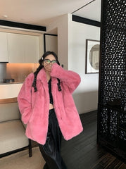 Pink Plush Winter Faux Fur Coat