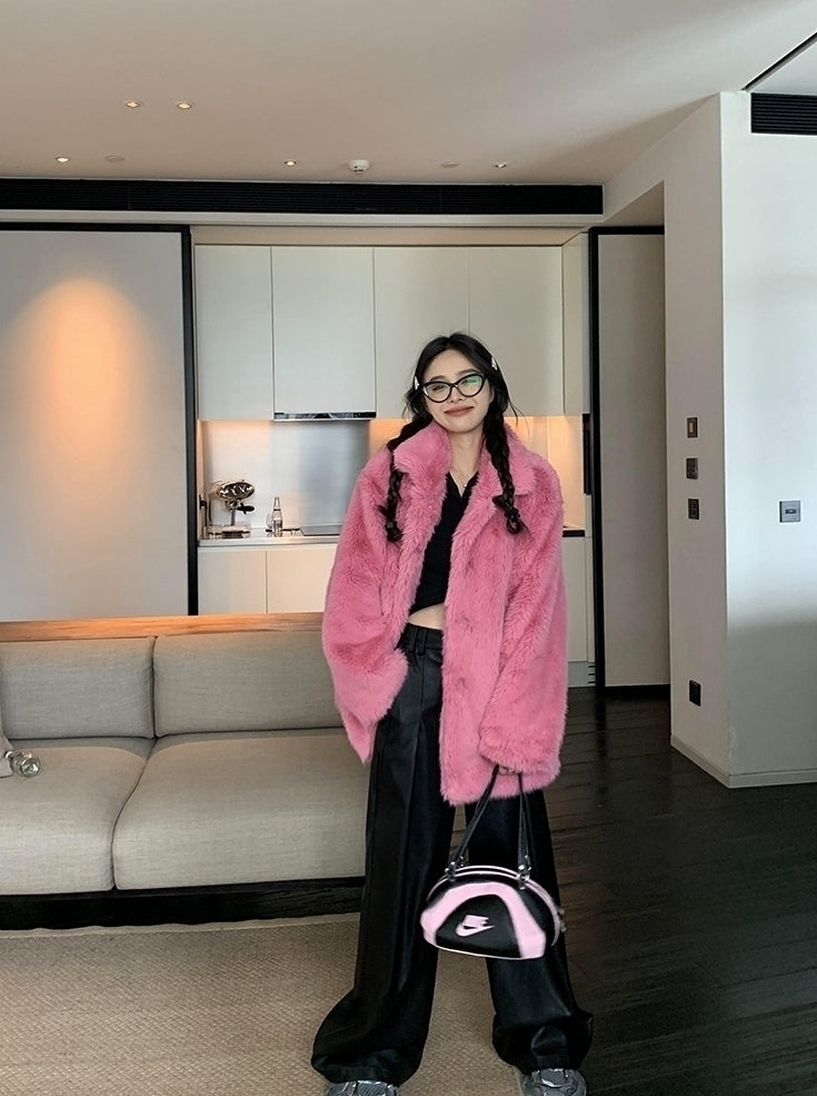 Pink Plush Winter Faux Fur Coat