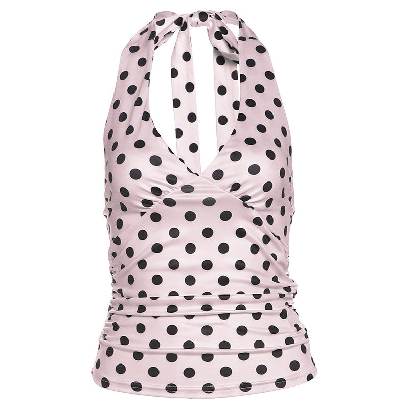 Pink Polka Dot V-Neck Halter Top
