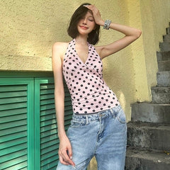 Pink Polka Dot V-Neck Halter Top