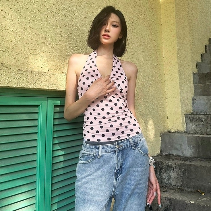 Pink Polka Dot V-Neck Halter Top