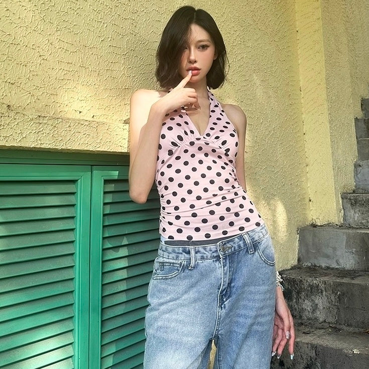 Pink Polka Dot V-Neck Halter Top