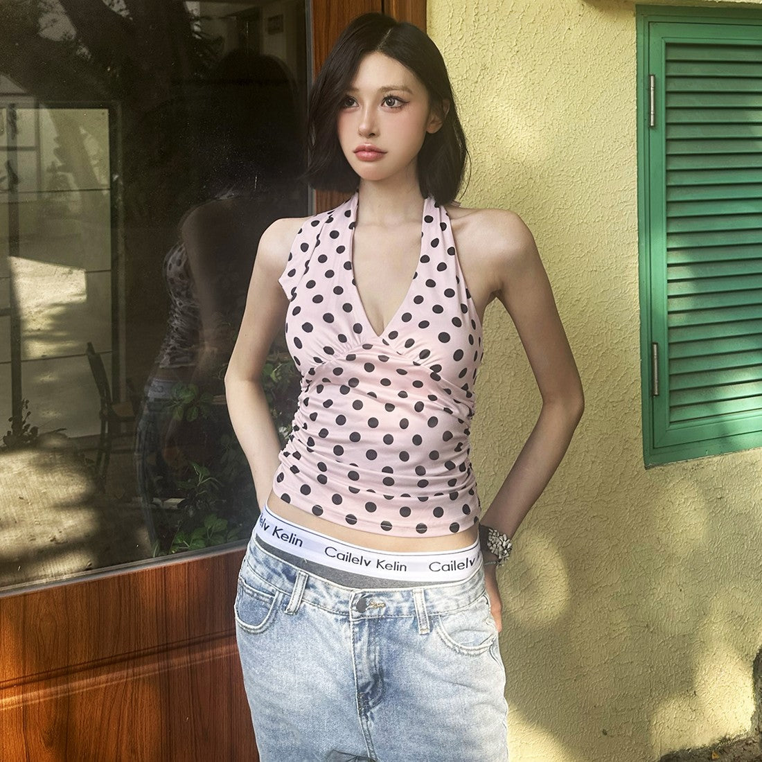 Pink Polka Dot V-Neck Halter Top