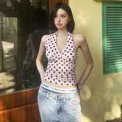 Pink Polka Dot V-Neck Halter Top