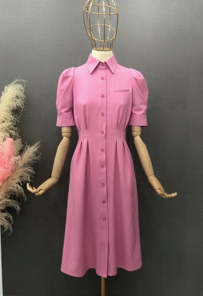 Pink Puffed Sleeves Midi Dress