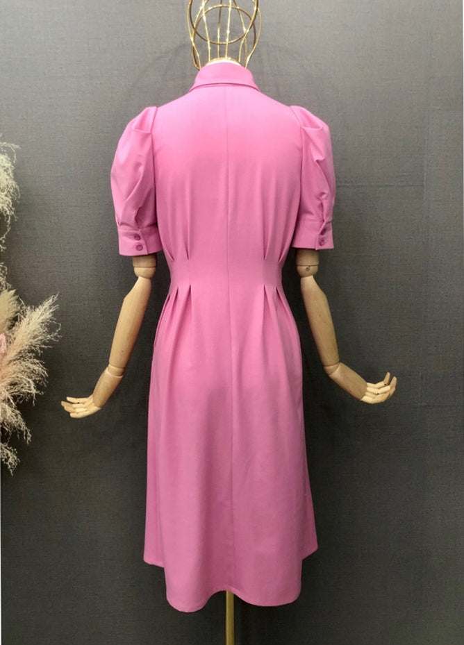 Pink Puffed Sleeves Midi Dress