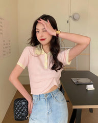 Pink Ribbed Polo Shirt With White Collar