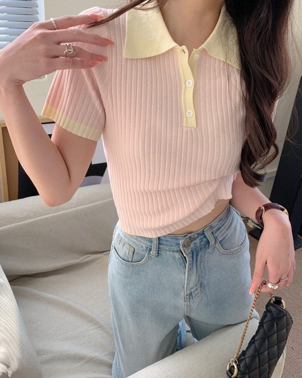 Pink Ribbed Polo Shirt With White Collar