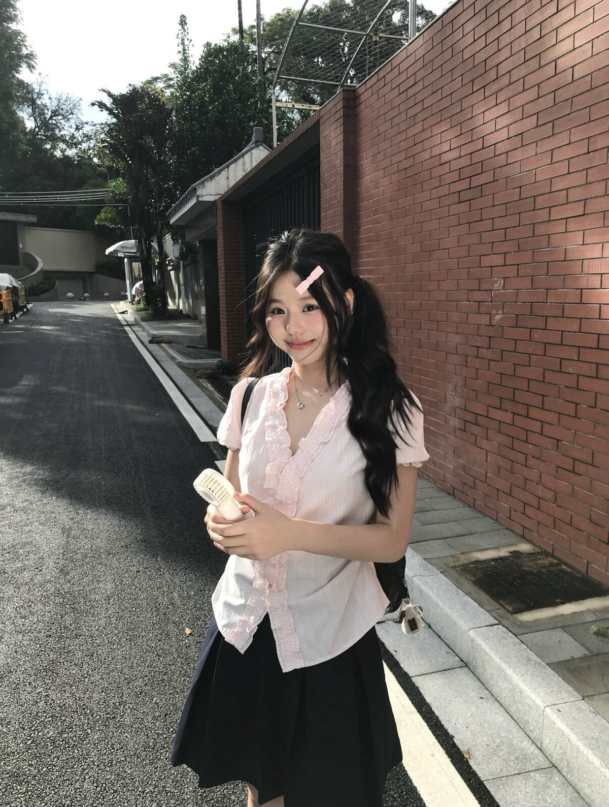 Pink Ruffle Trim Button Blouse
