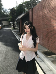 Pink Ruffle Trim Button Blouse