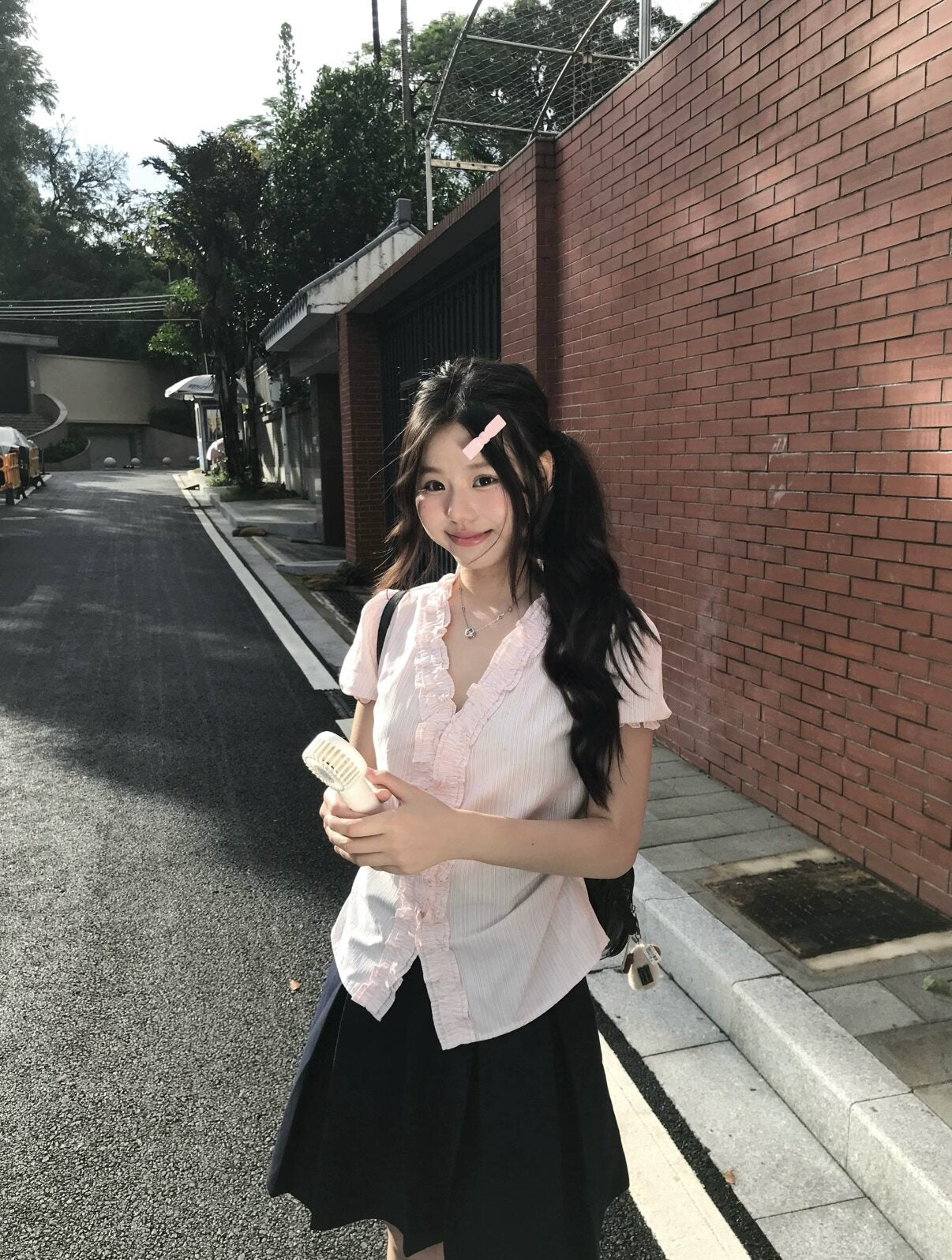 Pink Ruffle Trim Button Blouse