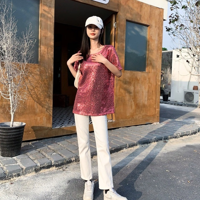 Pink Sequins Embellished T-Shirt