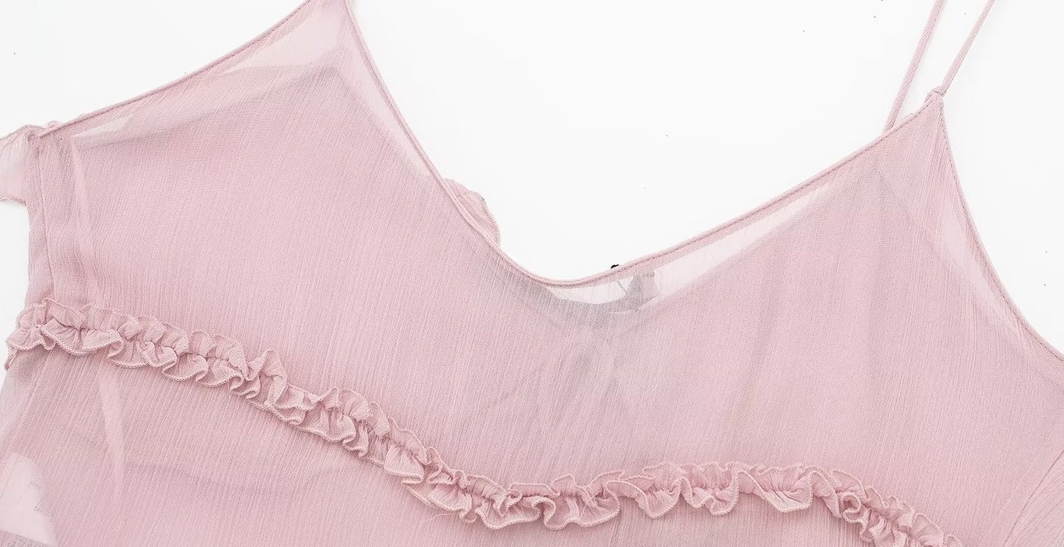 Pink Sheer Ruffled Sling Top