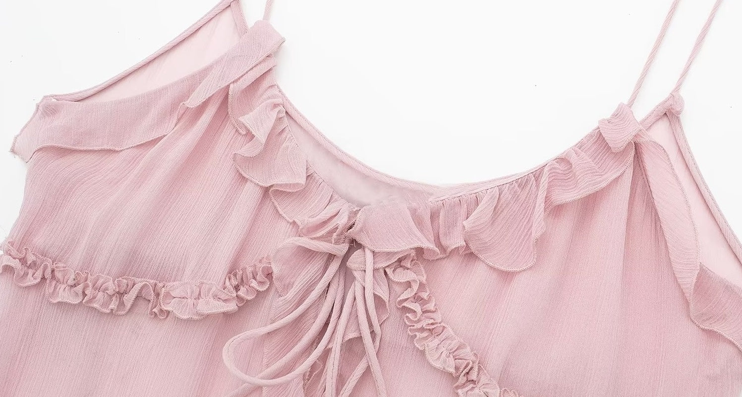 Pink Sheer Ruffled Sling Top