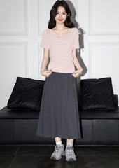 Pink Short Sleeve Tie Neck Irregular Crop Top