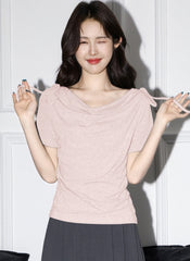 Pink Short Sleeve Tie Neck Irregular Crop Top