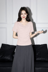 Pink Short Sleeve Tie Neck Irregular Crop Top