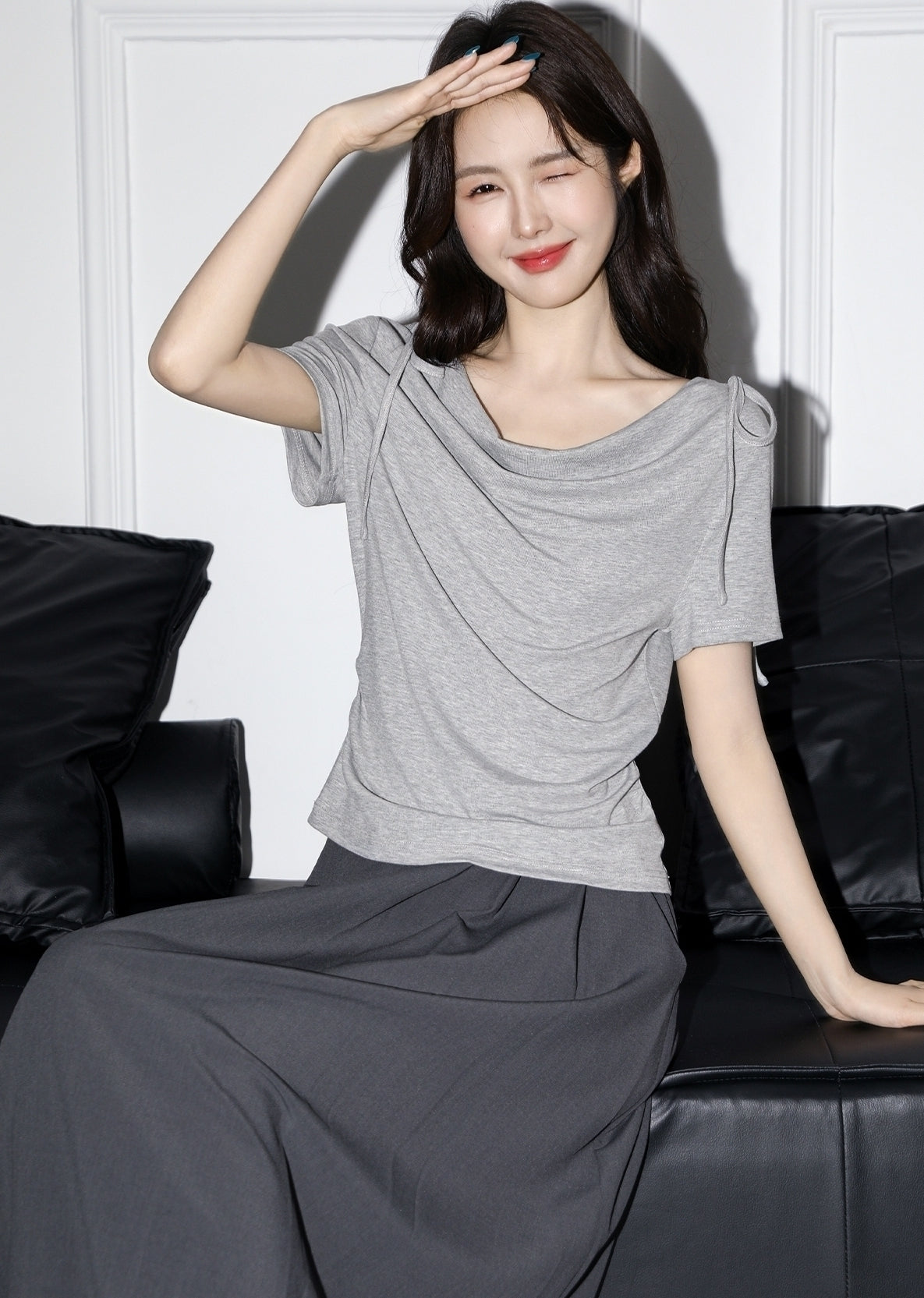 Pink Short Sleeve Tie Neck Irregular Crop Top