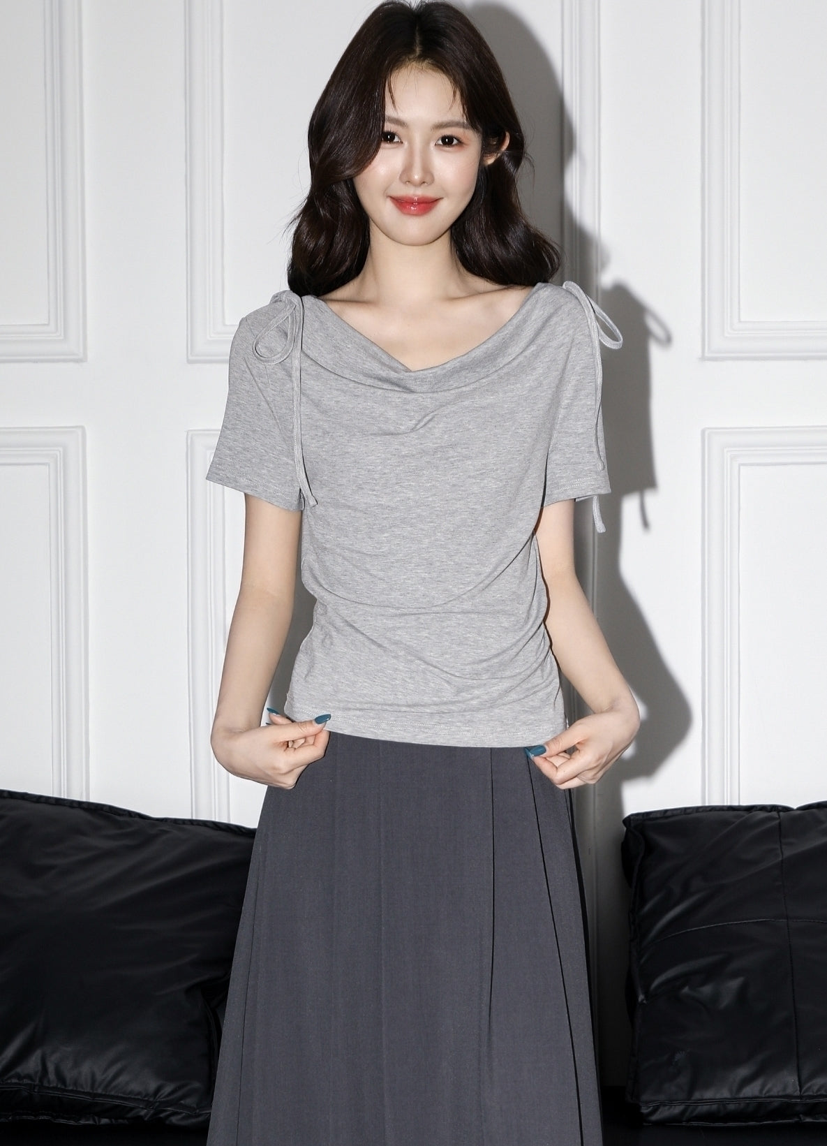 Pink Short Sleeve Tie Neck Irregular Crop Top