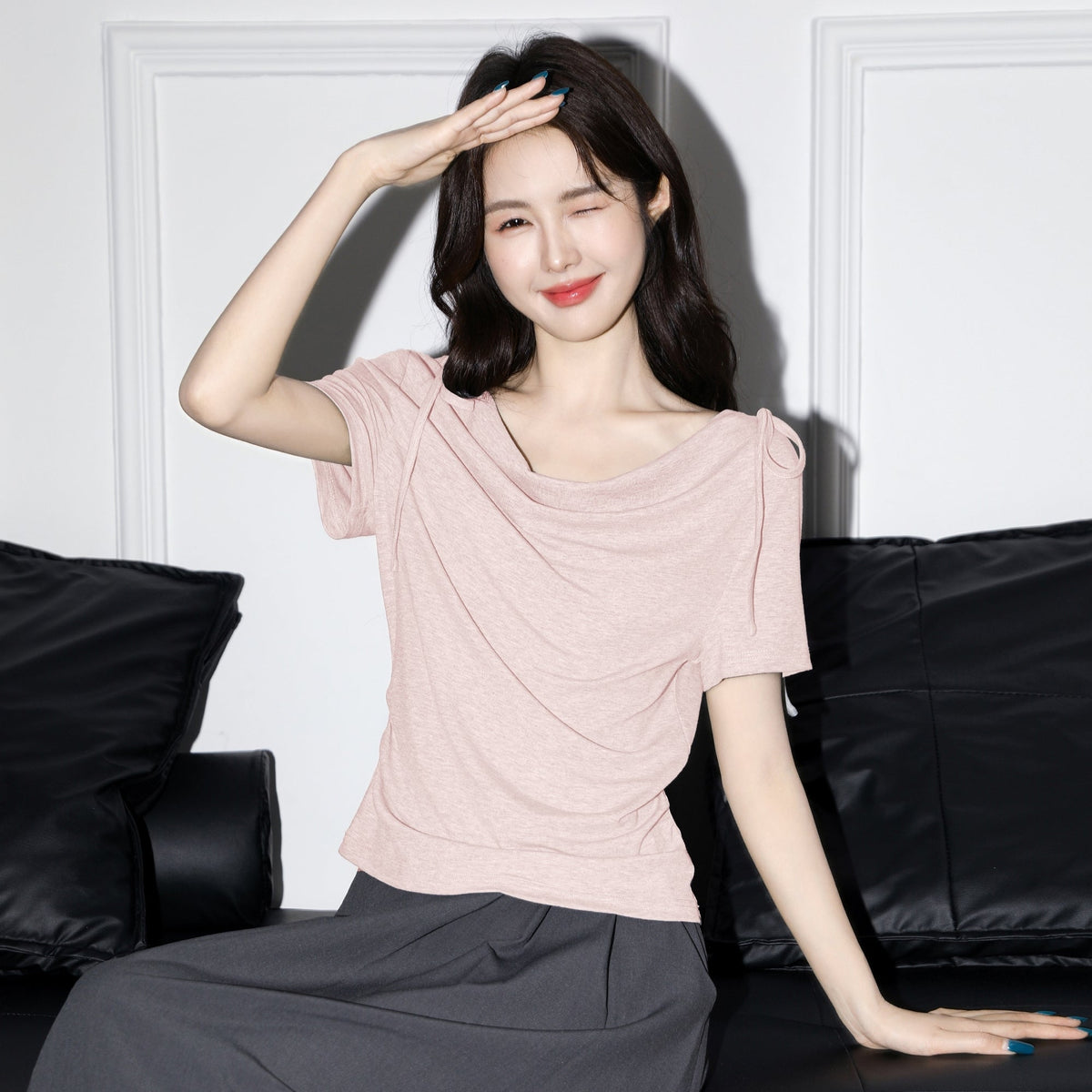 Pink Short Sleeve Tie Neck Irregular Crop Top