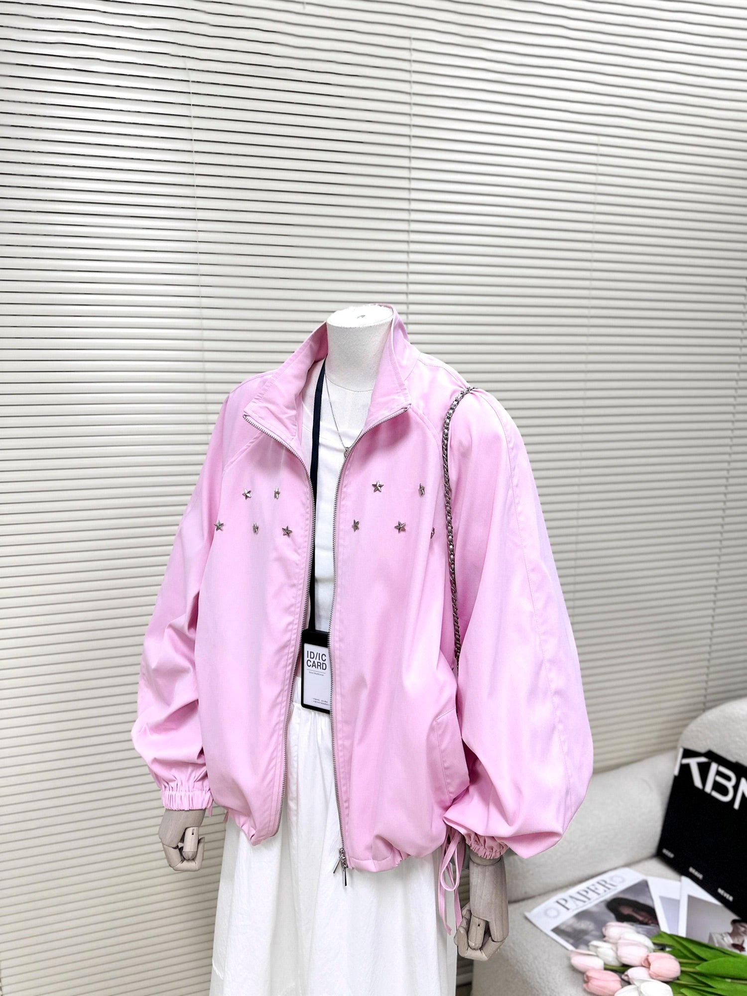 Pink Star-Accent Oversized Bomber Jacket