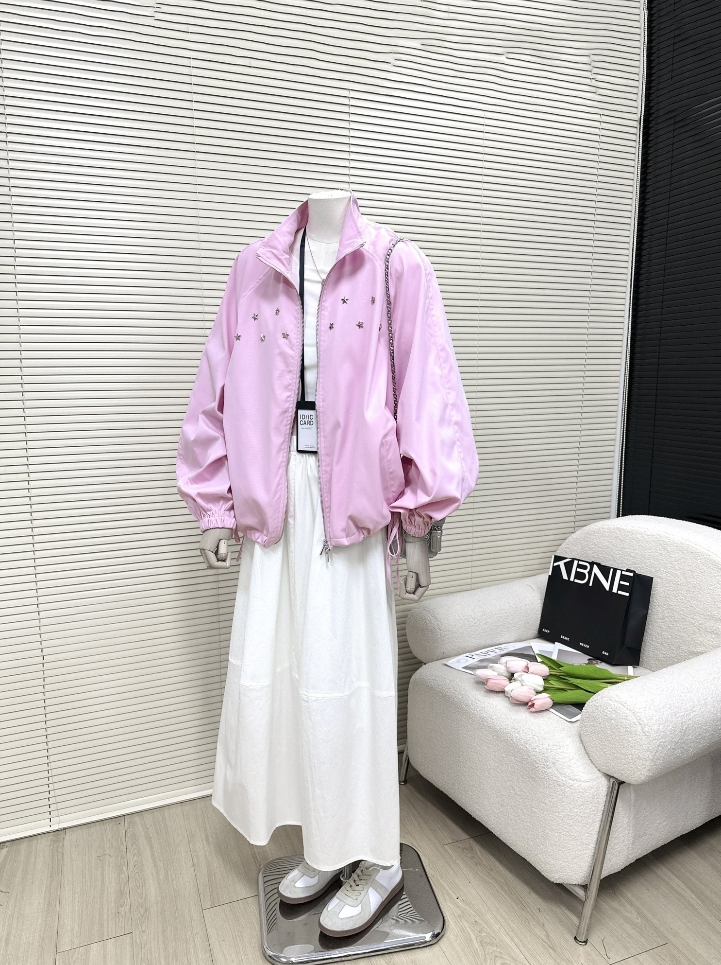 Pink Star-Accent Oversized Bomber Jacket