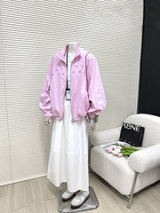 Pink Star-Accent Oversized Bomber Jacket