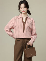 Pink Striped Collar Long Sleeve Layered V Neck Shirt