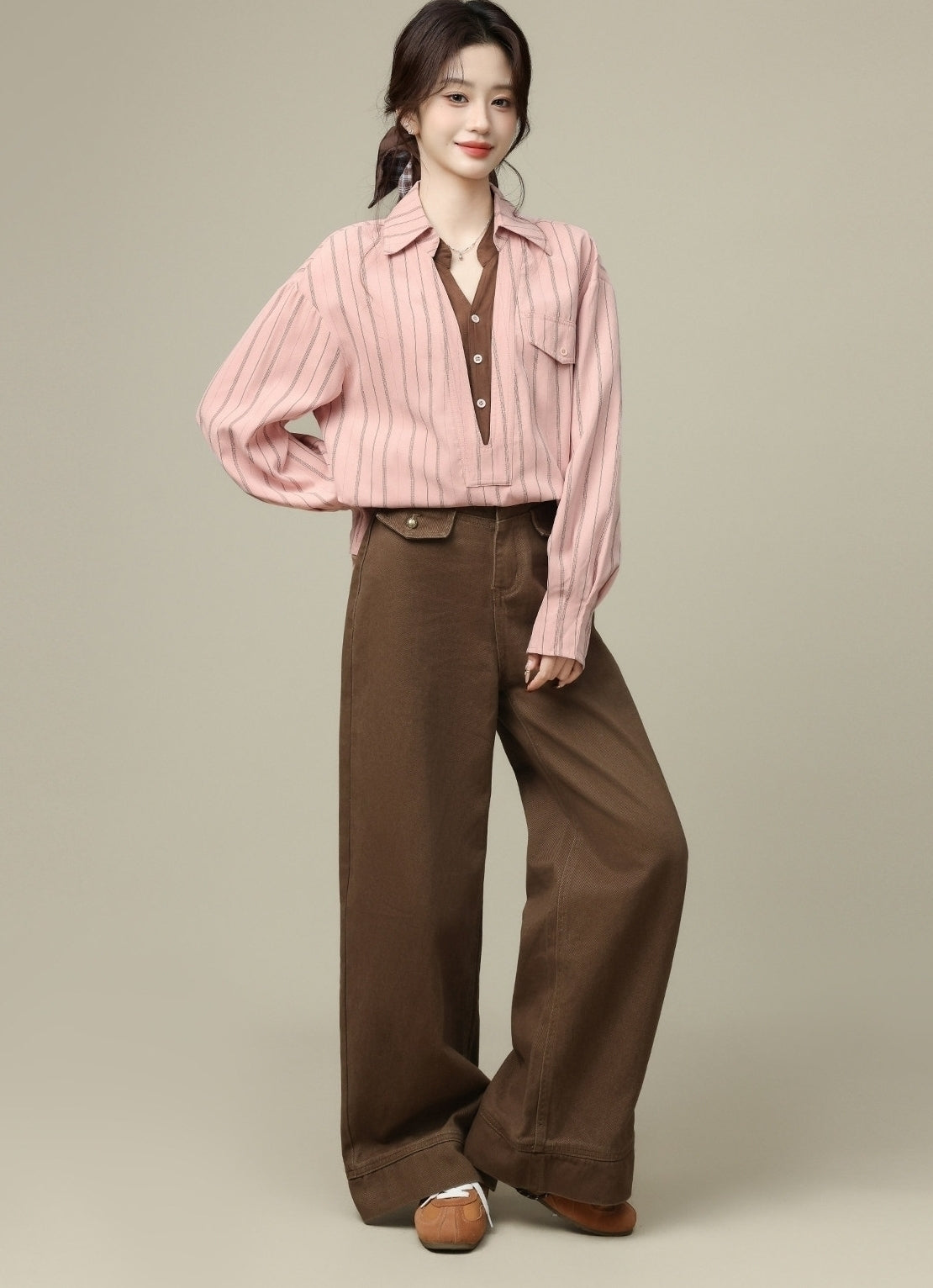 Pink Striped Collar Long Sleeve Layered V Neck Shirt