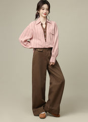 Pink Striped Collar Long Sleeve Layered V Neck Shirt