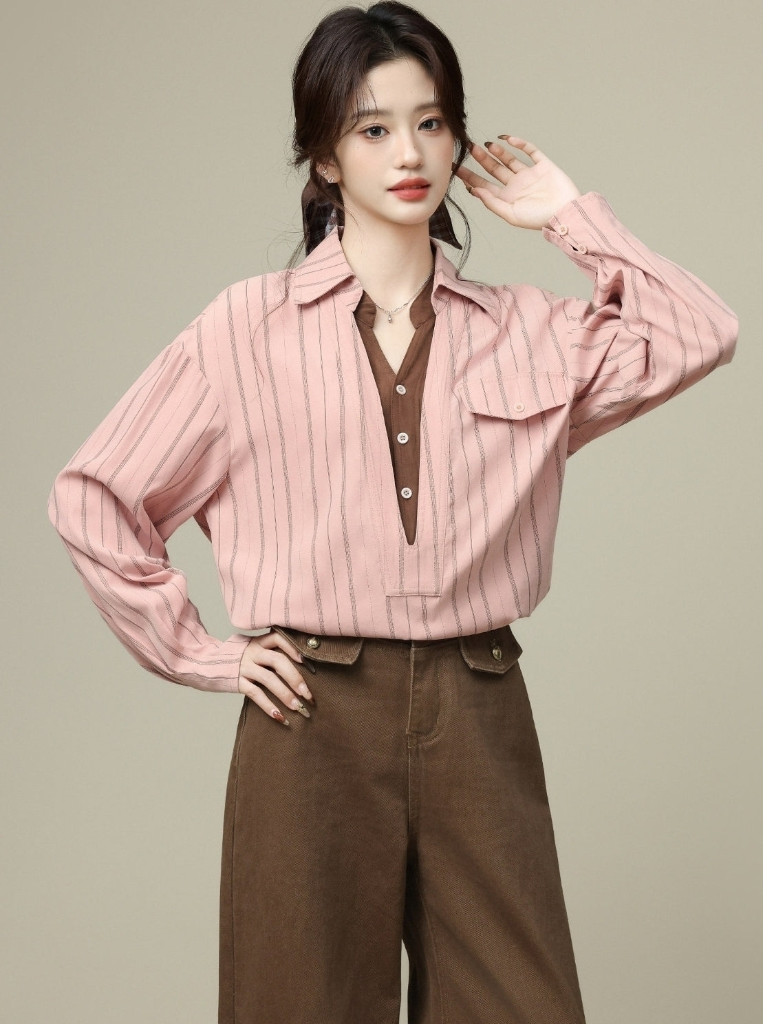 Pink Striped Collar Long Sleeve Layered V Neck Shirt