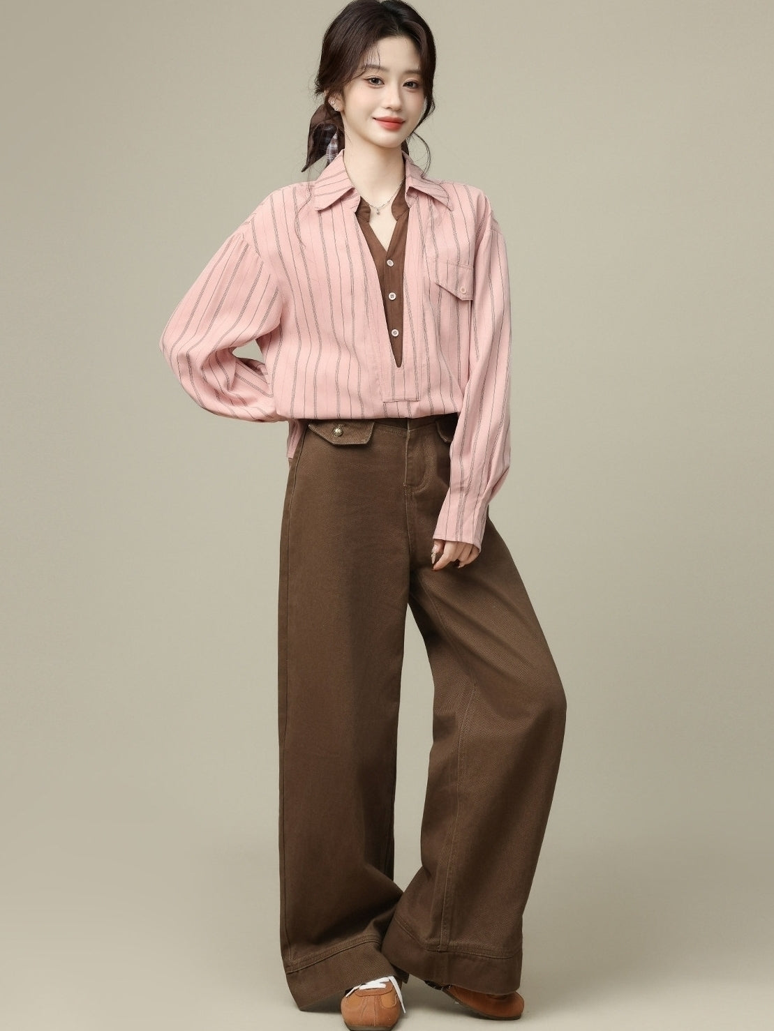 Pink Striped Collar Long Sleeve Layered V Neck Shirt